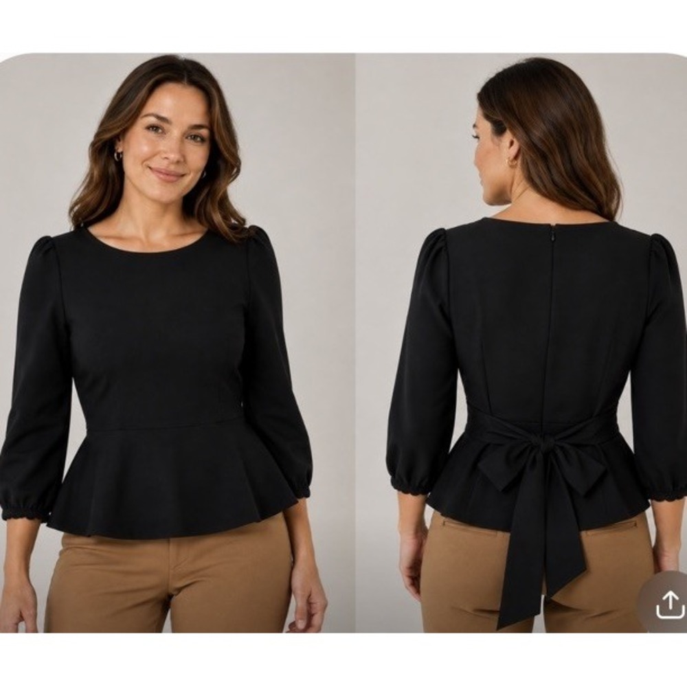 Boden Women Peplum Puff Sleeve Top Size 12 Tie Waist Minimalist Office Capsule